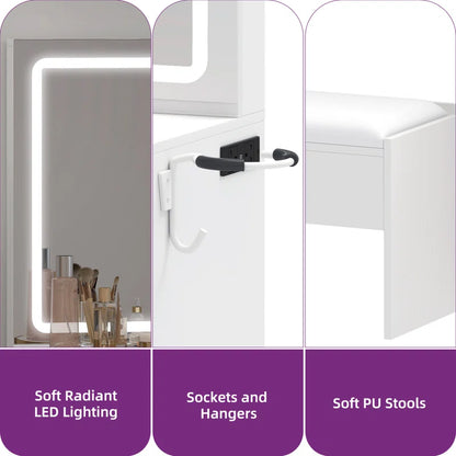 White Dressing Table With 4 Drawers, LED Mirror & Stool Bedroom Vanity