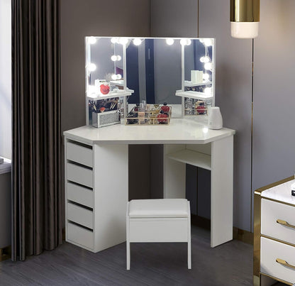 White Corner Dressing Table with Mirror, Makeup Table Set with Cushioned Stool Storage 5 Drawers LED Bulbs Vanity Dresser Desk L