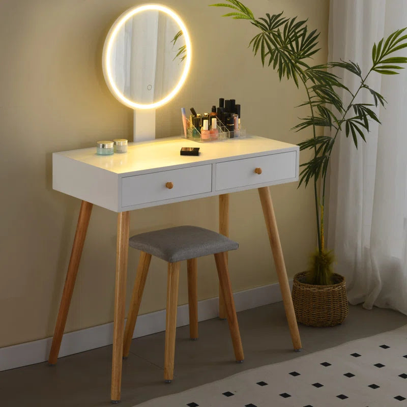White Dressing Table with LED Light Mirror & Cushioned Stool, 2 Drawers Vanity Table Set with Bedside Table for Bedroom