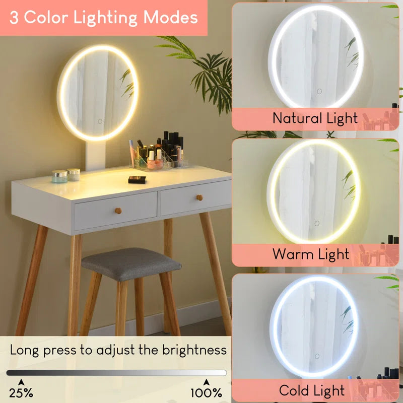 White Dressing Table with LED Light Mirror & Cushioned Stool, 2 Drawers Vanity Table Set with Bedside Table for Bedroom